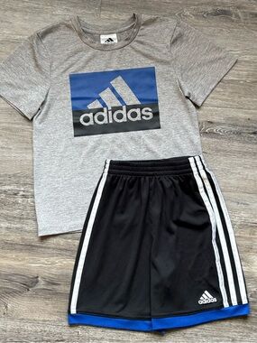 ✝️ adidas | Blue, Black, & Grey Athletic Logo Tee & Shorts Set • 5T